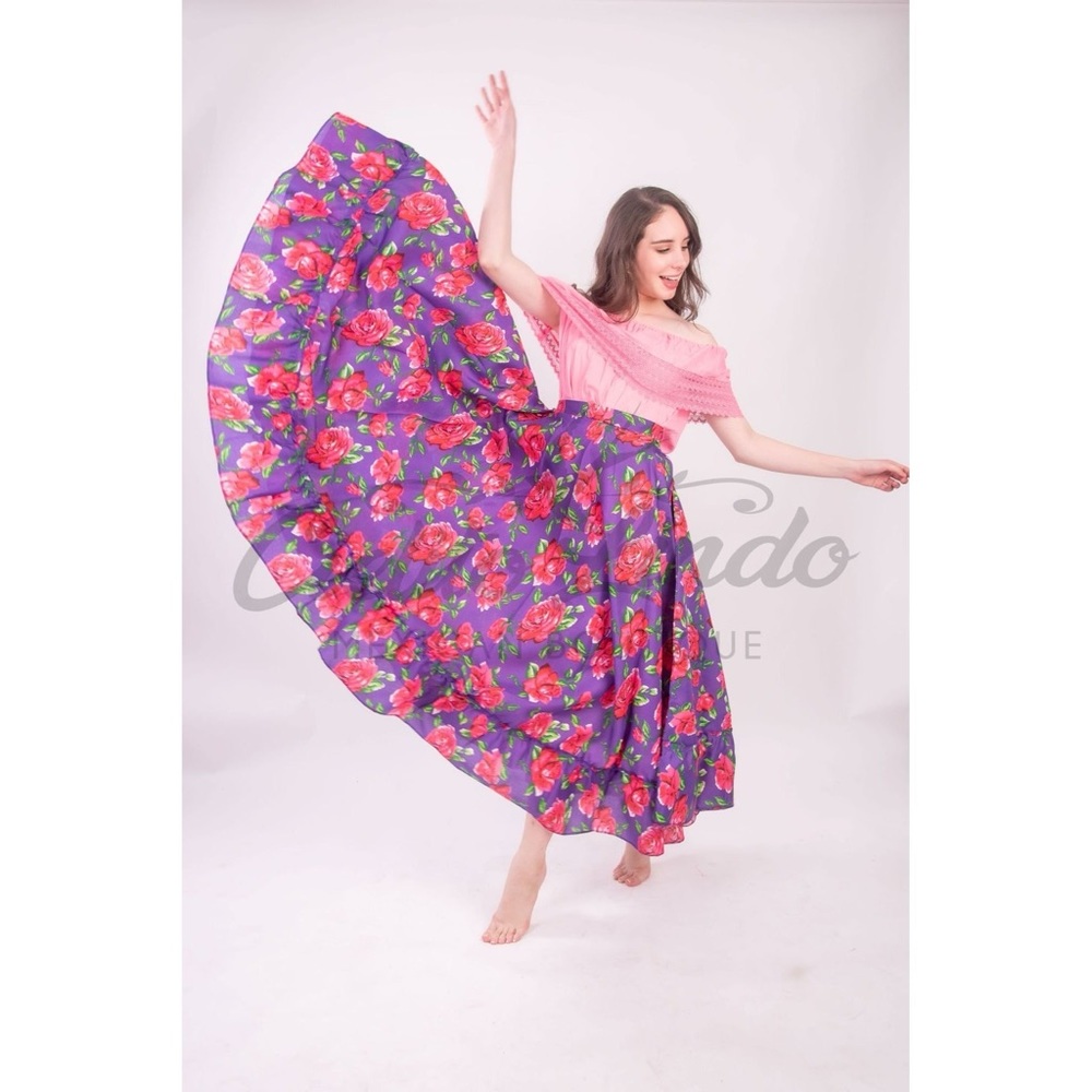 Mexican Folklorico Purple Floral Un Vuelo Skirt